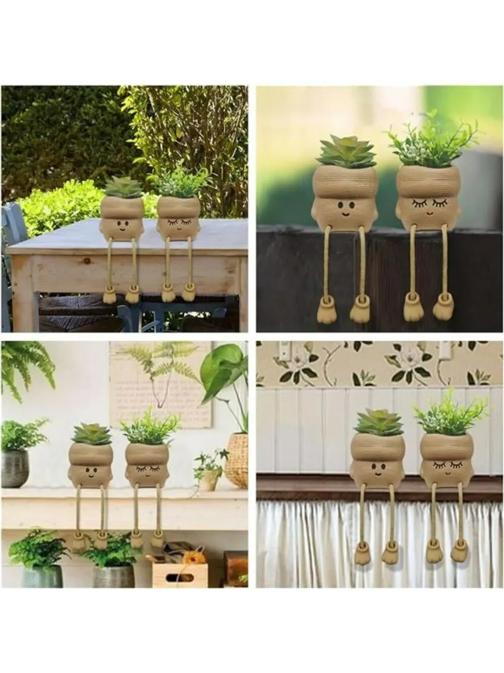 Set of 2 Smiley Face Succulent Planters with Artificial Plants Small Home Office
